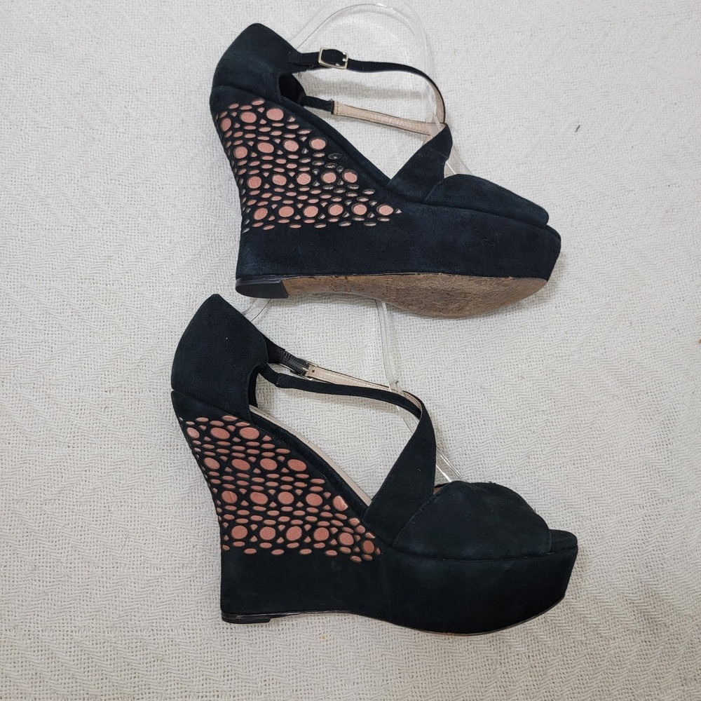 L.K. Bennett Rea Peep Toe Black Suede High Wedge Sandals Nude Lace Size 40 US 10